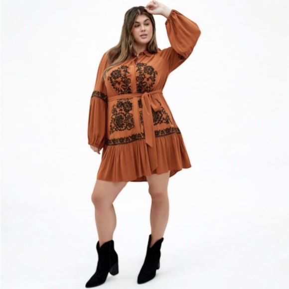 City Chic Dresses & Skirts - City Chic Caramel Black Embroidered Dress Boho Mini Long Sleeve Plus Size 18 NWT